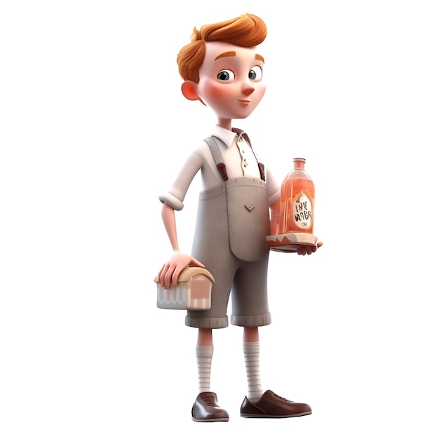 3D-Illustration einer Zeichentrickfigur mit einer Flasche Whiskey