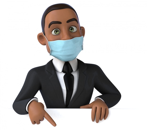 3D-Illustration einer Zeichentrickfigur mit einer Maske zur Verhinderung von Coronaviren