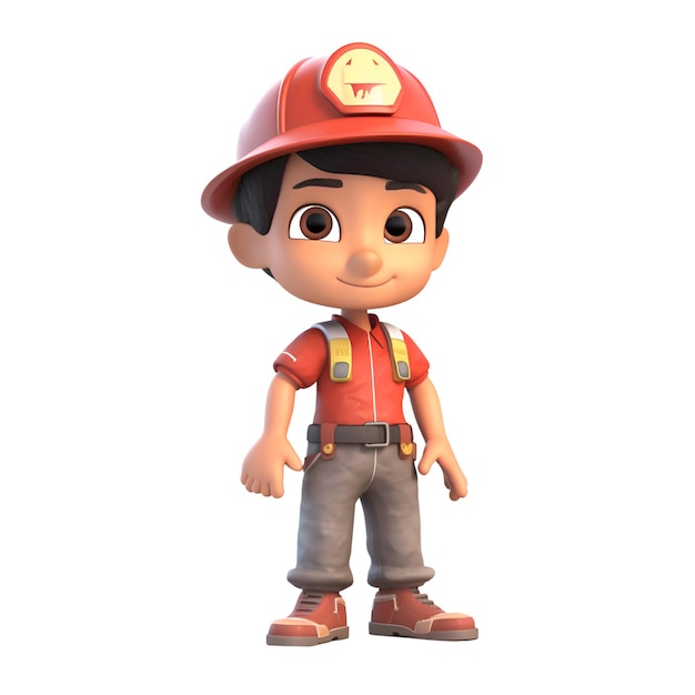 3D-Illustration einer Zeichentrickfigur mit Feuerwehruniform