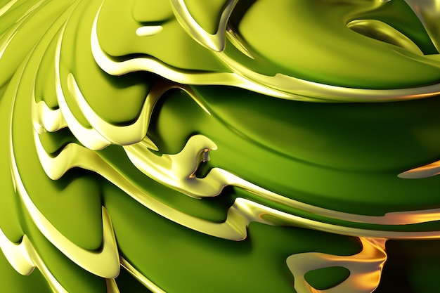3D-Illustration eines abstrakten Grüns mit Goldhintergrund mit schimmernden Kreisen und Glitzer.