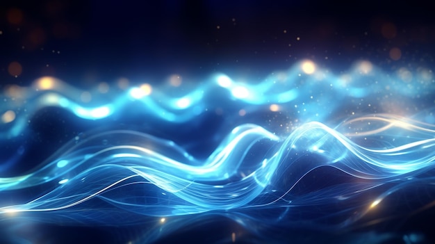 3D-Illustration eines abstrakten Hintergrunds mit dynamischen Wellen und leuchtenden Partikeln, die erzeugt werden