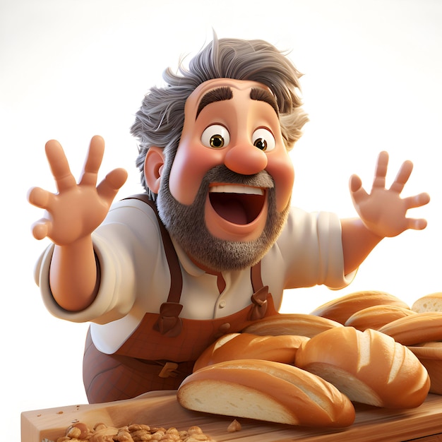 Foto 3d-illustration eines älteren mannes mit baguetten und brot