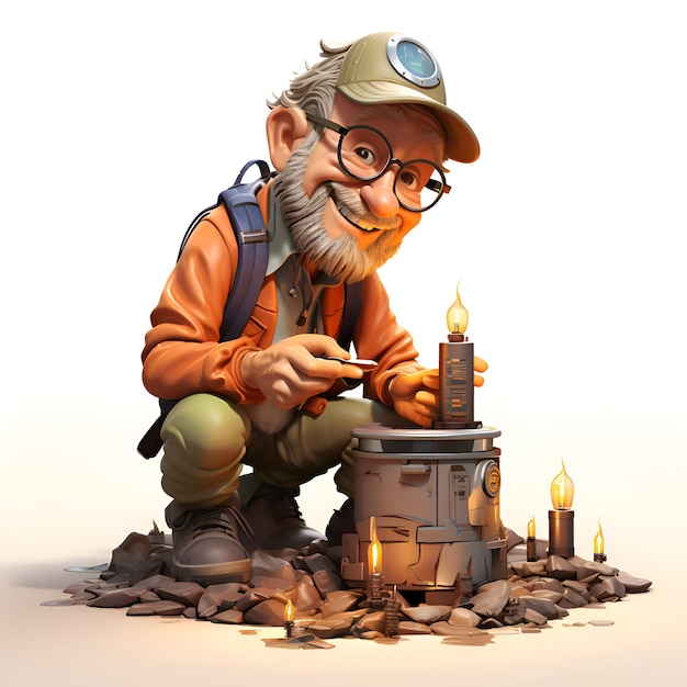 3D-Illustration eines alten Mannes mit einem Gasbrenner und einem Zünder