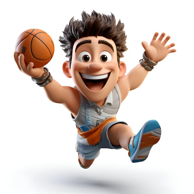 3D-Illustration eines Basketballspielers, der mit einem Ball springt, isolierter weißer Hintergrund