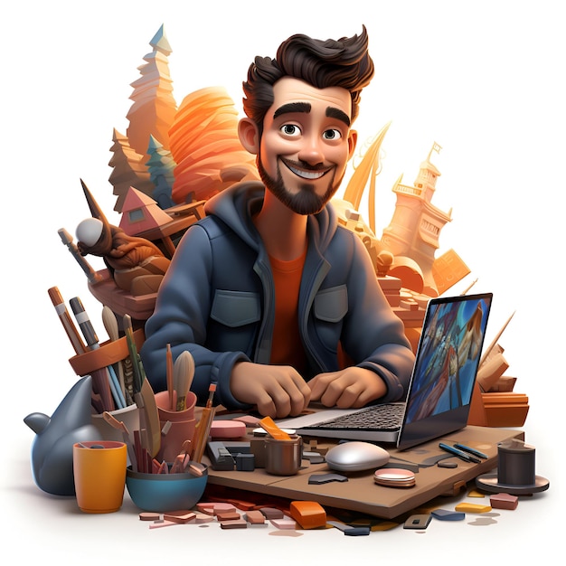 3D-Illustration eines Cartoon-Künstlers mit Laptop-Computer und Malwerkzeugen