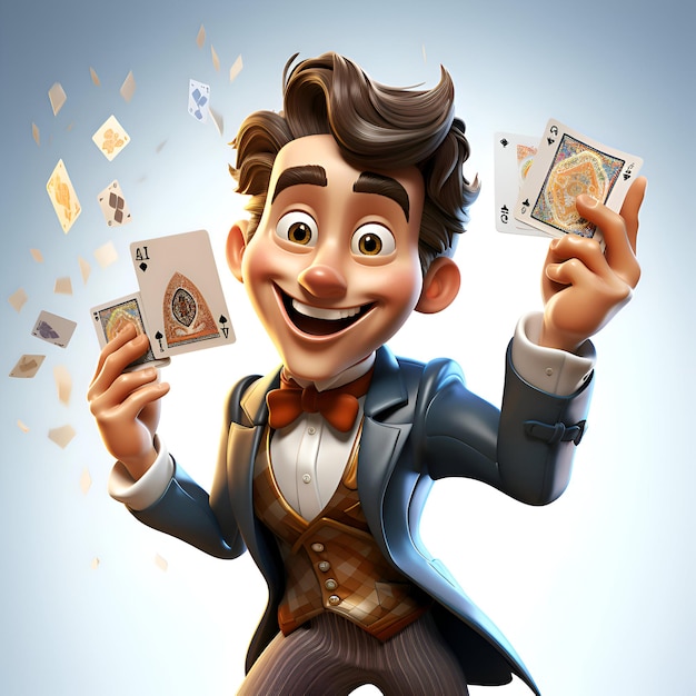 3D-Illustration eines Cartoon-Mannes, der mit vier Assen Poker spielt