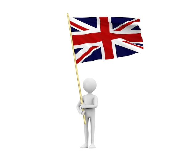 3D-Illustration eines Cartoon-Mannes mit britischer Flagge