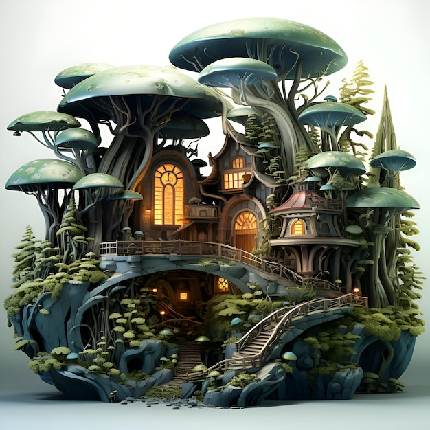 3D-Illustration eines Fantasiehäuses mit Pilzen im Wald