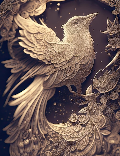 3D-Illustration eines Fantasy-Goldvogels auf schwarzem Hintergrund