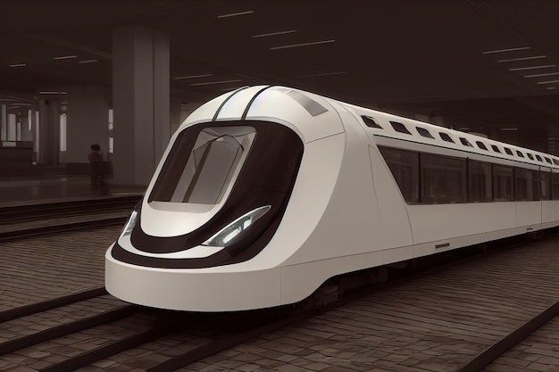 3D-Illustration eines futuristischen modernen Zuges, der sich schnell und ruhig in der Stadt bewegt
