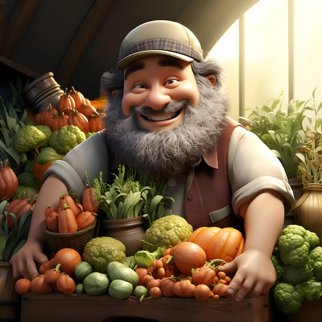 3D-Illustration eines glücklichen Bauern mit Gemüse auf seinem Bauernhof