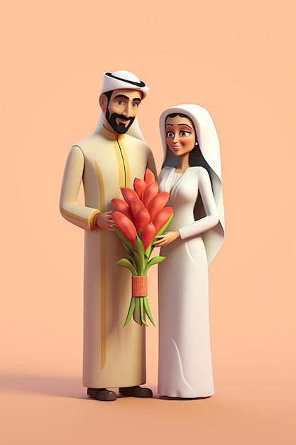 3D-Illustration eines glücklichen saudi-arabischen Paares am Hochzeitstag, KI generiert