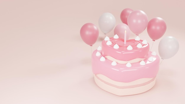 3D-Illustration eines herzförmigen Erdbeerkuchens, der von einem glänzenden Ballon auf rosa Hintergrund umgeben ist