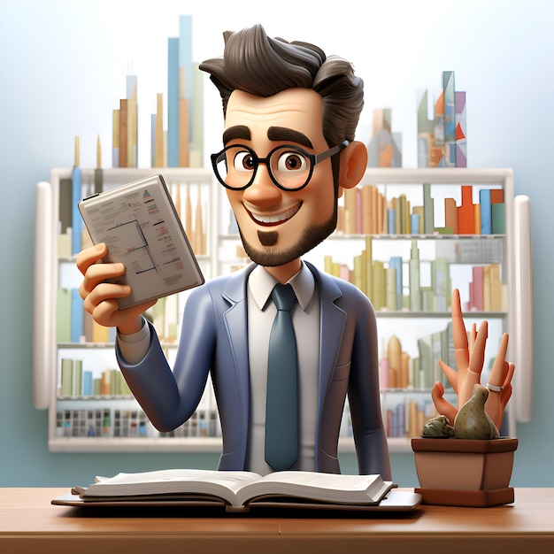 3D-Illustration eines jungen Geschäftsmannes mit einem Buch und einem Taschenrechner