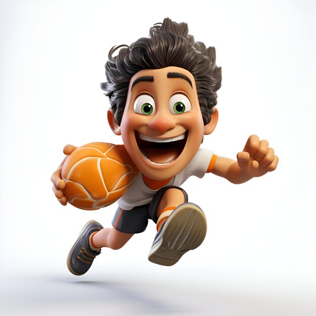 Foto 3d-illustration eines jungen jungen, der mit einem basketball auf weißem hintergrund läuft