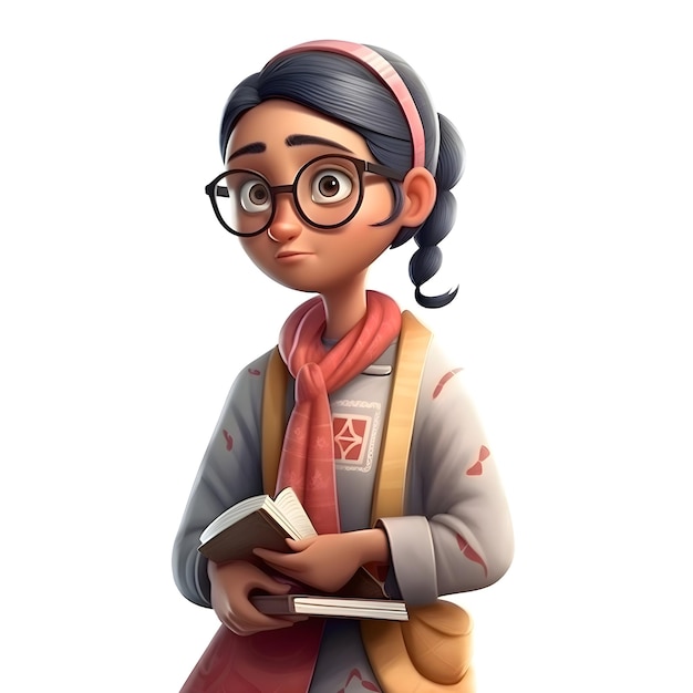 3D-Illustration eines jungen Mädchens mit Brille und einem Buch in der Hand