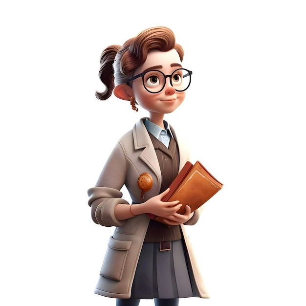 3D-Illustration eines jungen Mädchens mit Brille und Mantel, das Bücher hält
