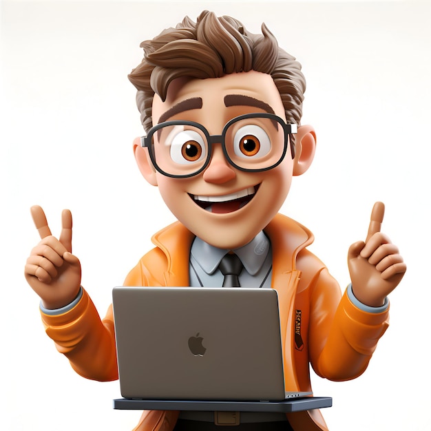 3D-Illustration eines jungen Mannes mit Brille und Laptop