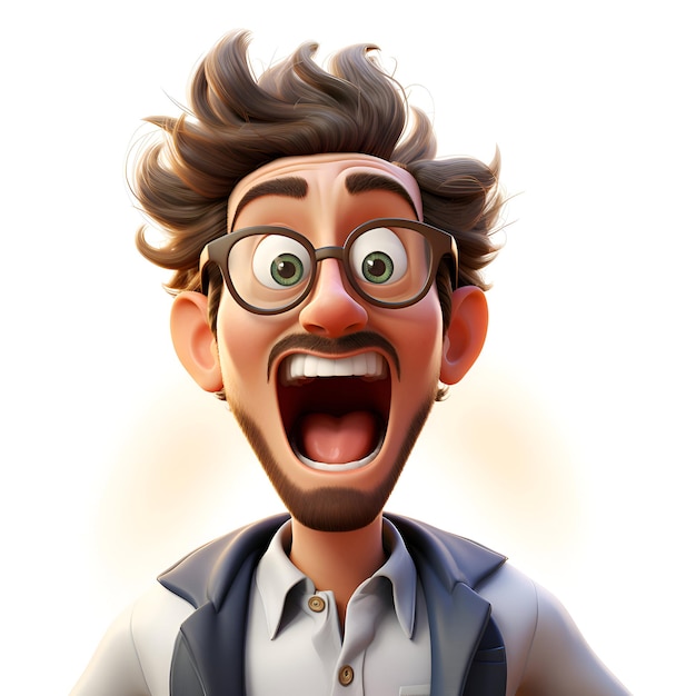3D-Illustration eines jungen Mannes mit Brille und überraschtem Gesichtsausdruck.