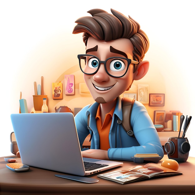 3D-Illustration eines jungen Mannes mit einem Laptop in seinem Büro