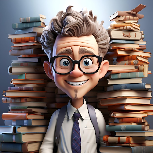 3D-Illustration eines Jungen mit Brille und einem Stapel Bücher