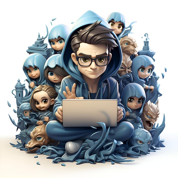 Foto 3d-illustration eines jungen mit einem laptop vor seinen freunden
