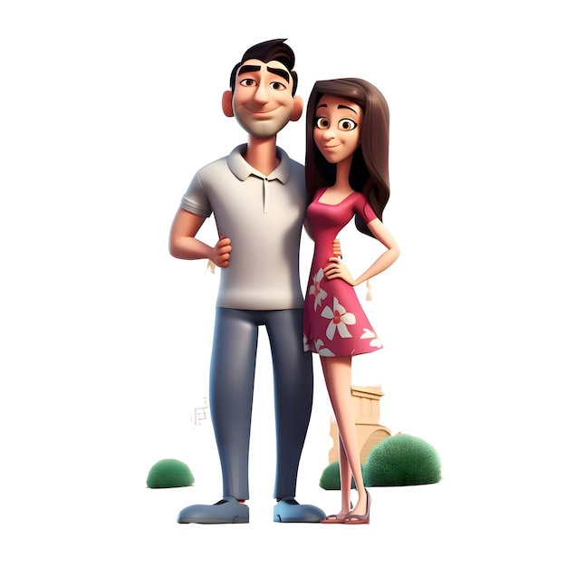 3D-Illustration eines jungen Paares, das isoliert auf weißem Hintergrund steht