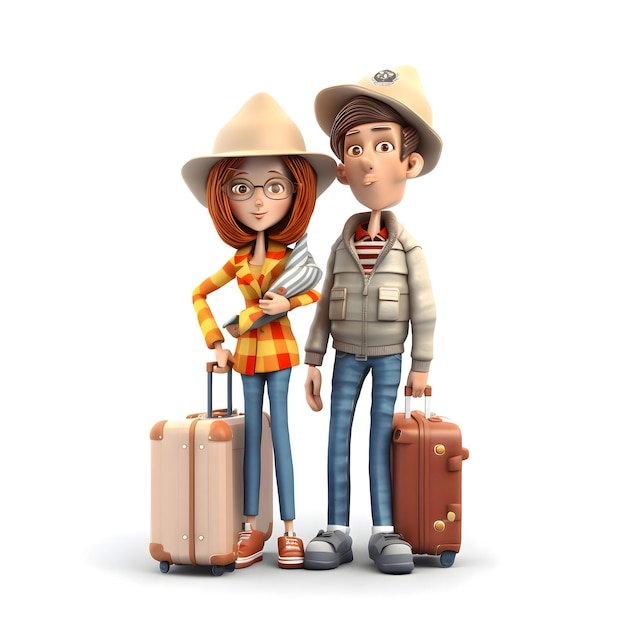 3D-Illustration eines jungen Paares, das mit Koffern reist, isoliert auf weißem Hintergrund