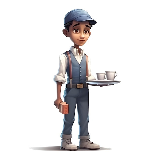 3D-Illustration eines Kellners mit einem Tablett und einer Tasse Kaffee