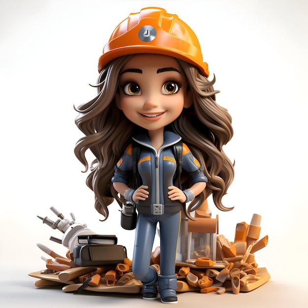 3D-Illustration eines kleinen Bauarbeitermädchens mit Werkzeugkasten