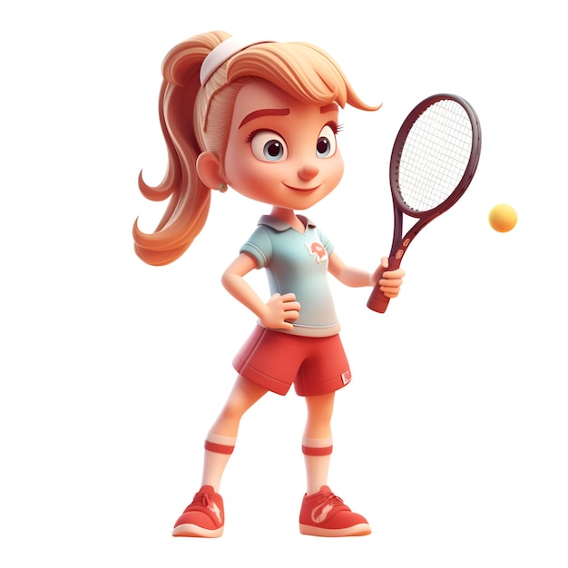 3D-Illustration eines kleinen Mädchens, das Tennis spielt, isoliert auf weißem Hintergrund