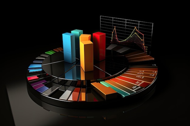 Foto 3d-illustration eines kreisdiagramms auf schwarzem hintergrund mit balken und diagrammen 3d-rendering eines kreiskartendiagramms in schwarzen hintergründen mit geschäftsdiagrammen und grafiken ai generiert