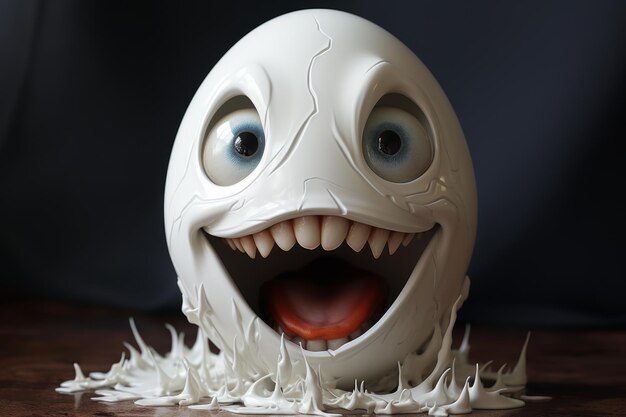 3D-Illustration eines lächelnden Eies mit großen Zähnen im Hintergrund