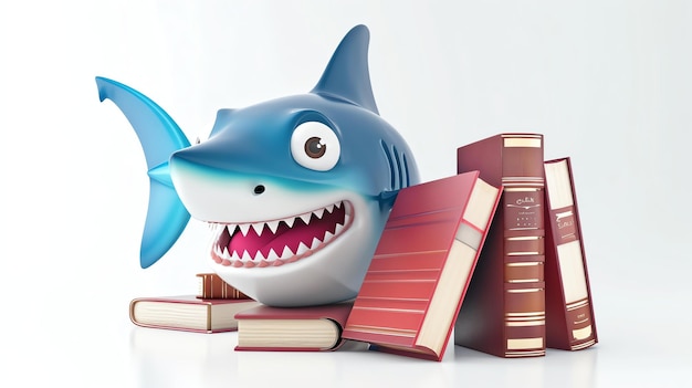 3D-Illustration eines lächelnden Haies mit einem Stapel Bücher Der Hai sitzt auf den Büchern und hat seine Flosse erhoben
