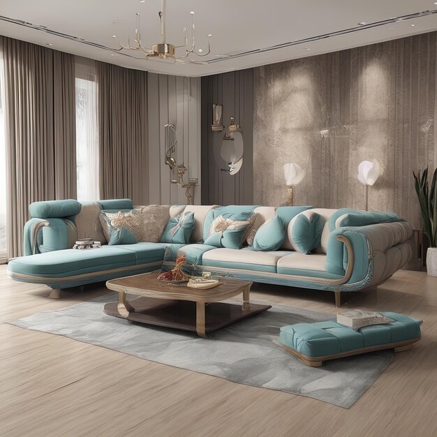 3D-Illustration eines leeren Wohnzimmers mit schönem Sofa und einer schönen Aussicht3D-Illustration von