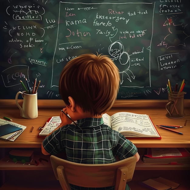 3D-Illustration eines lustigen Jungen mit einem Bleistift und einem Notizbuch, der in der Schule studiert