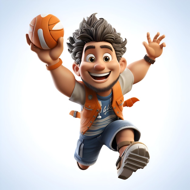 3D-Illustration eines Mannes, der mit einem Basketball in der Hand springt