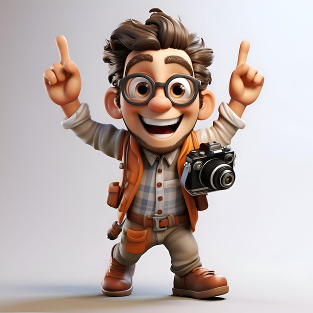 3D-Illustration eines Mannes mit einer Kamera, die mit beiden Händen zeigt