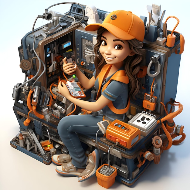 3D-Illustration eines Mechanikers mit einem Werkzeugkasten in der Hand