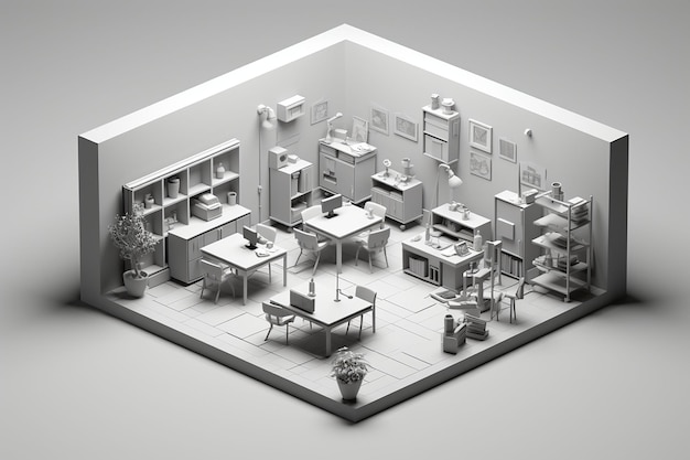 3D-Illustration eines modernen Büro-Interiors in grauen und weißen Farben