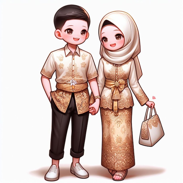 3D-Illustration eines muslimischen Paares in weißen Goldkostümen mit passenden Weißgold-Batik-Kleidern