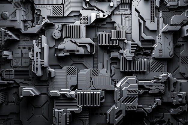 3D-Illustration eines realistischen Modells eines Roboters oder einer schwarzen Cyber-Rüstung. Nahaufnahmegeräte für den Abbau von Krypto-Bitcoin; Äther. Grafikkarten; Motherboards