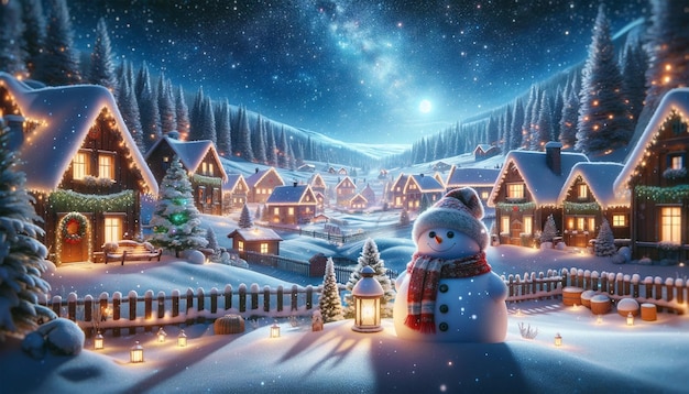 3D-Illustration eines Schneemannes in einem Dorf in der Weihnachtsnacht