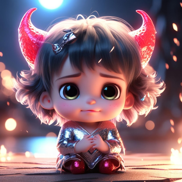 3D-Illustration eines schönen kleinen Mädchens in einem roten Kleid mit einer brennenden Kerze auf dem Kopf 3D