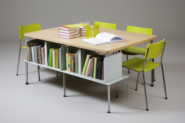 3D-Illustration eines Schultisches mit Büchern und Stühlen