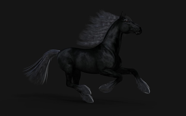 3D-Illustration eines schwarzen Pferdes mit schwarzer Mähne auf schwarzem Hintergrund mit Beschneidungspfad