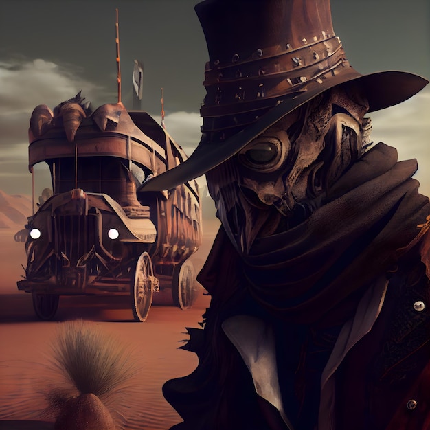 3D-Illustration eines Steampunk-Mannes mit Hut und Mantel