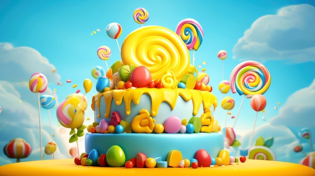 3D-Illustration eines süßen Geburtstagskuchens, süßer Kuchen für einen Überraschungsgeburtstag, für Jubiläum und Feier, Muttertag, Valentinstag, süßes Essen, Cupcake, generative KI-Illustration