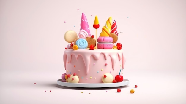 3D-Illustration eines süßen Geburtstagskuchens, süßer Kuchen für einen Überraschungsgeburtstag, für Jubiläum und Feier, Muttertag, Valentinstag, süßes Essen, Cupcake, generative KI-Illustration