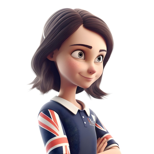 3D-Illustration eines Teenager-Mädchens mit britischer Flagge im Hintergrund